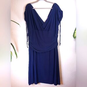 Kiyonna Draped Ruched Adjustable Sleeve Midi Dress Nautical Casual Navy Blue 3X